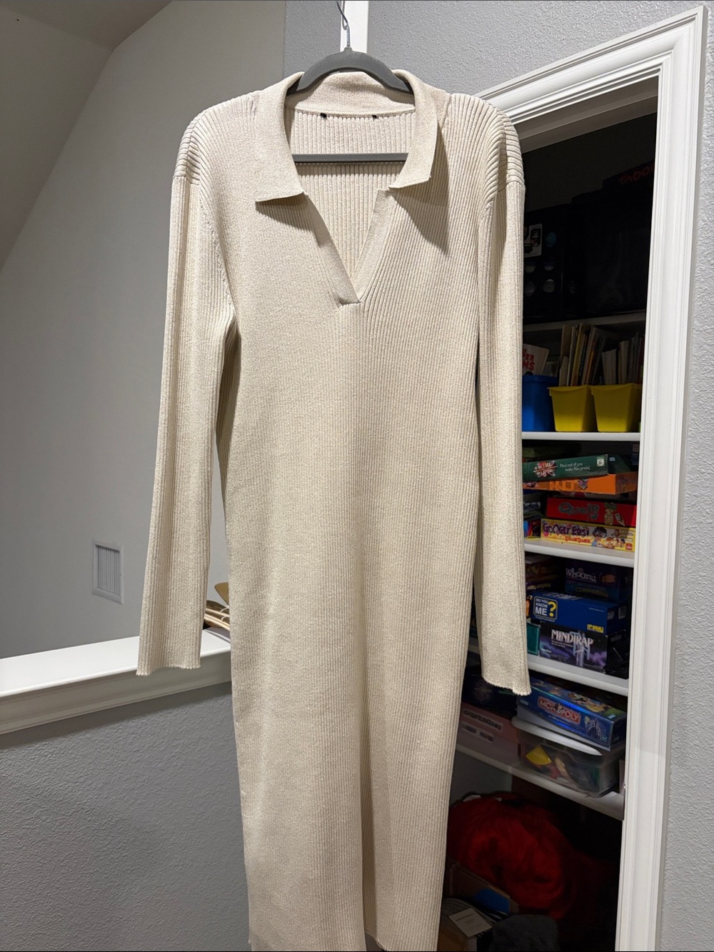Cream Shimmer Polo-Collar Long Sleeve Knit Dress